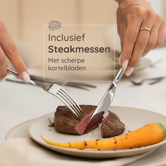 Deleca 6 Personen Luxus-Edelstahl-Besteck-Set Amor (36 Teile) - Löffel, Messer, Gabeln, Steakmesser & Kuchengabeln - spülmaschinenfest - Silbernes Design-Besteck - 18/0 Edelstahl