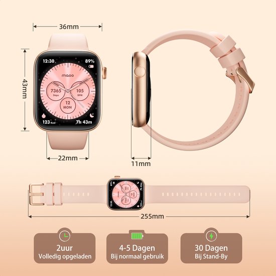 Maoo ProWatch AMOLED Smartwatch für Frauen und Männer - Milanese-Armband und 3 Silikonbänder - Schrittzähler - Herzfrequenzmesser - Blutdruckmesser - Schlafüberwachung - Multisport - Geeignet für Android und iOS - Pink Gold