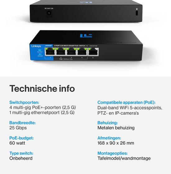 Linksys LN2305P - Netzwerk-Switch - Unverwaltet PoE+ - 2500 Mbps - 5 Ports