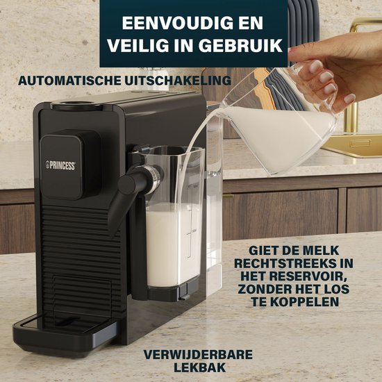 Princess Kapsel-Kaffeemaschine mit Milchaufschäumer - 249455 - Geeignet für Nespresso - 20 Bar - Espresso, Cappuccino & Latte - Kompakt - Automatisches Milchsystem - 1400 W