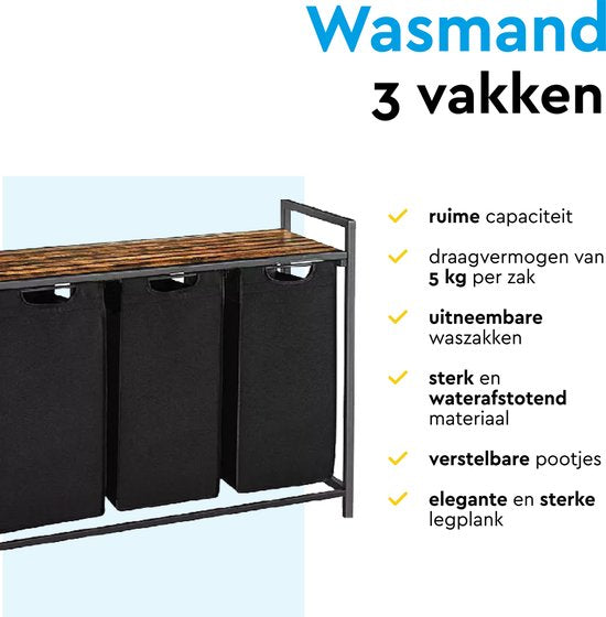 BRASQ Wäschekorb 3 Fächer - Wäschesortierer 114 Liter - Ausziehbar mit Regal 92,5x33x71 cm - Wäschebox Schwarz Metall - Braunes Holz - Korb