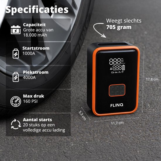 FlinQ 12V Starthilfe für Auto & Motorrad - 4-in-1 Luftkompressor, LED-Taschenlampe, SOS-Notleuchte & Powerbank - Elektrische Reifenpumpe - Starthilfe - inkl. Aufbewahrungstasche