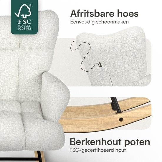 Flowsense Schaukelstuhl Teddy Weiß - Schaukelstuhl Erwachsene Baby - Stillstuhl Babyzimmer - Sessel mit Armlehne Design - Relaxsessel - Liegesessel