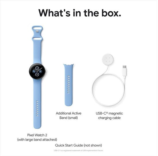 Google Pixel Watch 2 - Silbernes Gehäuse - Blaues Sportband - GPS - 5ATM - Fitbit-Funktionen - 24 Stunden Akku - AMOLED-Bildschirm