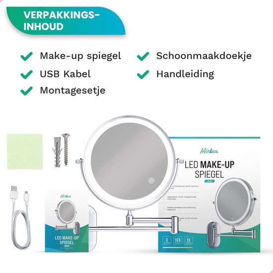 Mirlux Make-up-Spiegel - Mit LED-Beleuchtung - 5fache Vergrößerung - Rasierspiegel