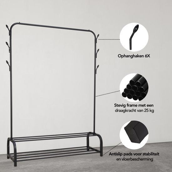 Brixy Kleiderständer - Garderobenständer - 102x34x152cm - Kleiderständer mit Schuhregal - Industriell - Metall - Schwarz