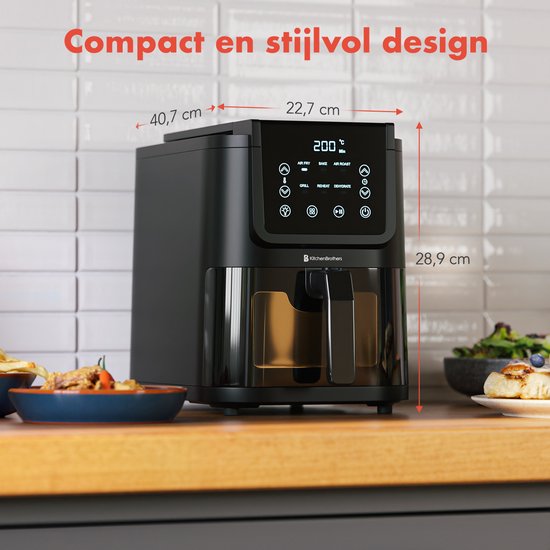 KitchenBrothers Airfryer XL - 5L - 1500W - Heißluftfritteuse - 60ºC bis 200ºC - Kleines Design - Extra leise - 6 Kochprogramme - Schwarz