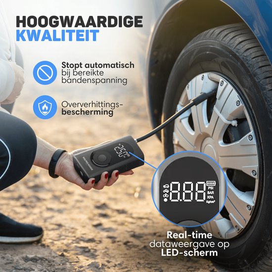 Vulpes Goods® Tech - Tragbare Kompressor-Reifenpumpe - 6400mAh - Elektrische Fahrradpumpe - Luftkompressor für Auto, Roller, Fahrrad, Ball und Luftbett - Inkl. 7 Aufsätze - Taschenlampe - Powerbank - Reiseetui - PRO