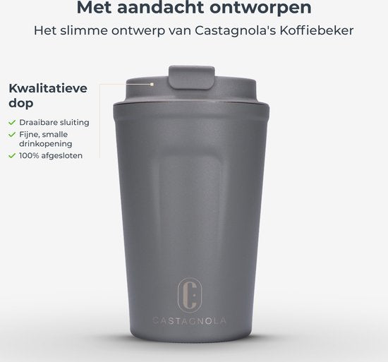 Castagnola Thermos Cup - Kaffeebecher To Go - Reisebecher für Kaffee und Tee - Teebecher - 380 ML - Edelstahl - Grau
