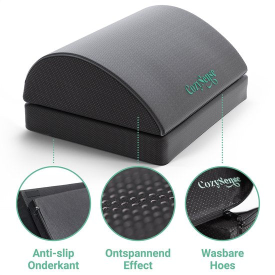 CozySense® Fußstütze Schreibtisch - Ergonomischer Fußhocker - Geeignet für Zuhause oder im Büro - Fußkissen - 2 verstellbare Höhen - Anti-Rutsch - Bezug mit Massagefunktion - Waschbar - Schwarz