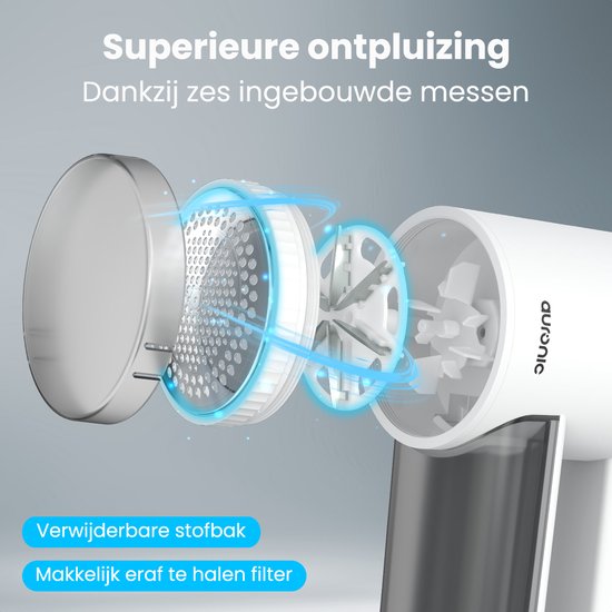 Auronic Electric Lint Remover Pro - Fusselentferner - Akkulaufzeit 120 Minuten - Wiederaufladbar - LED-Anzeige - Entlaubungsgerät - Weiß