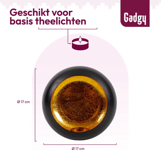 Gadgy Teelichthalter rund - Teelichthalter - Weihnachtsdekoration Wohnzimmer - Stimmungsvolle Lichter im Innenbereich - Kerzenhalter für Teelichter 17x17 cm - Windlicht Metall - Schwarz/Gold - Geschenk für Frauen