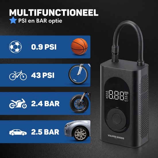 Vulpes Goods® Tech - Tragbare Kompressor-Reifenpumpe - 6400mAh - Elektrische Fahrradpumpe - Luftkompressor für Auto, Roller, Fahrrad, Ball und Luftbett - Inkl. 7 Aufsätze - Taschenlampe - Powerbank - Reiseetui - PRO