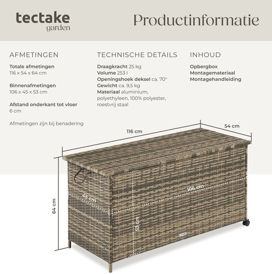tectake® Wicker Aufbewahrungsbox – 253 l – Kissenbox für den Außenbereich – Gartenbox – 116 x 54 x 64 cm - Wetterfest und mit Deckel verschließbar – Rollbar – Inklusive 2 Griffen, 2 Rädern mit Bremse und Gasfedern – Gartenkiste – Beige