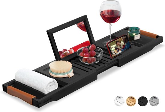 RelaxTub® Badewannenbrett - Badewannenbrett für die Badewanne - Badewannenregal - Verstellbar - Rutschfest - Badewannenbrett Schwarz - Badewannenbrett Holz - Badewannenregal mit Buchhalter, Tablet-Halter & Spiegel
