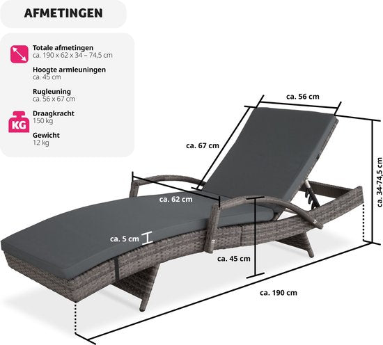 tectake - Sonnenliege aus Korbgeflecht - Verstellbare Rückenlehne (5 Positionen) - Inkl. Liegekissen mit waschbarem Bezug - grau - Poly-Rattan