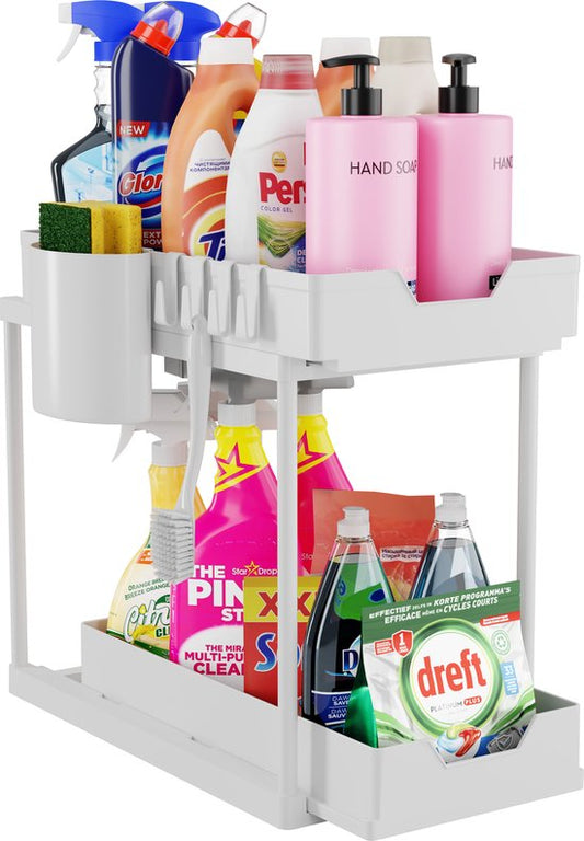 Posity Sink Cabinet Organizer - Kitchen Cabinet Organizer - Sliding Drawer - Cabinet Organizer - Bathroom Organizer - Countertop Organizer - 2 Pull-out Drawers - White