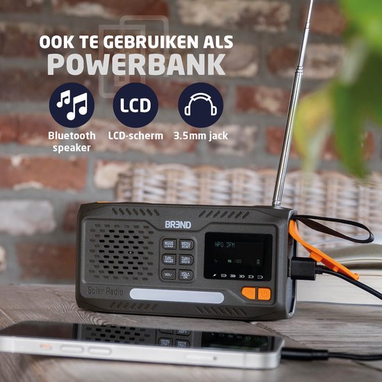 BREND Notfallradio - Mit DAB und FM - Bluetooth-Lautsprecher - SOS-Alarm - Powerbank - LED-Taschenlampe - USB-C - Mit Solarpanel und Kurbel