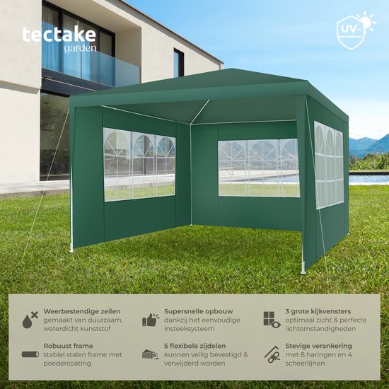 tectake® Pavillon - mit verstärktem Rahmen - Partyzelt 3x3 m - wasserdichte Plane - abnehmbare Seitenwände - wetterfester Gartenpavillon - inklusive Spannleinen und Heringe - grün - Pop-up-Faltzelt