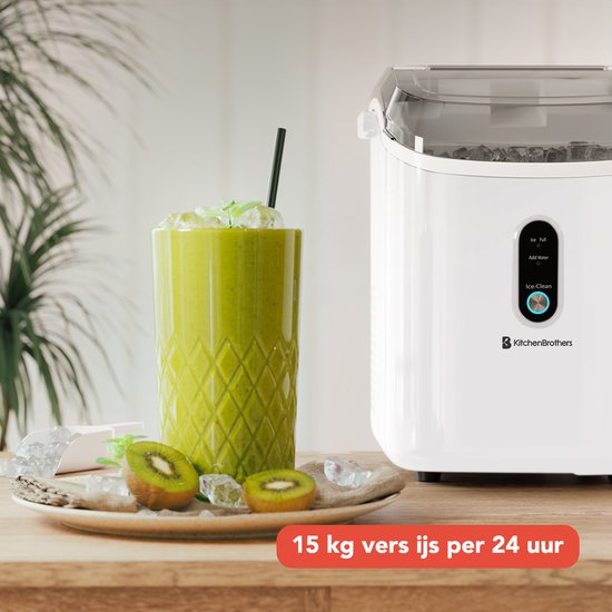 KitchenBrothers Nugget Eiswürfelbereiter - 1.1L - Crushed Ice Maker mit Eisportionierer - Tragbar - 15kg/24 Stunden - Weiß