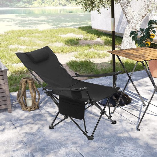 Campingstuhl, klappbarer Klappstuhl, Angelstuhl, leichter Strandstuhl, Klappstuhl mit Rückenlehne, Becherhalter, Aufbewahrungstasche, 150 kg Belastbarkeit, schwarz