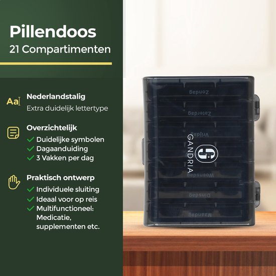 Gandria Pillenbox 7 Tage - Herausnehmbare Pillenbox - Medizinbox mit 21 Fächern - Medizinbox mit stabilem Verschluss - 3 Fächer pro Tag - Schwarz
