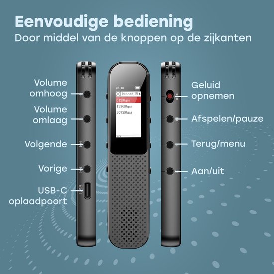 Audyn Digital Voice Recorder - 400 Stunden Audioaufnahme - Fernabhörgerät - Diktiergerät - 360° HD-Aufnahmen - Schwarz