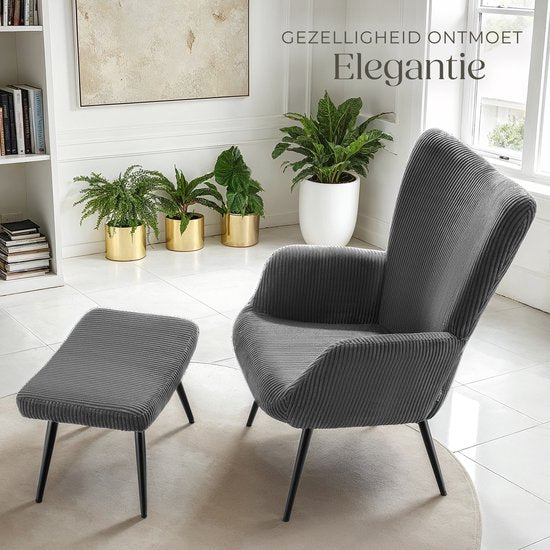 tectake® Ohrensessel mit Hocker - Skandinavischer Teddy Bouclé Sessel - Lounge und Wohnzimmersessel - Schwarze Metallbeine - Belastbarkeit 150kg - Cord - Grau