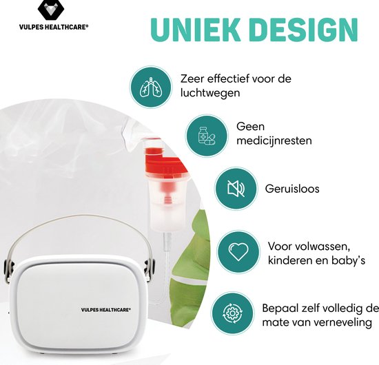 Vulpes Goods® HealthCare - Aerosolgerät - Ultraschallvernebler Inhalator - Vernebler - Inhalationsgerät für Kinder, Erwachsene und Babys - Endlosmodus - Hilft gegen Atemwegserkrankungen - Inkl. 3 Mundstücke