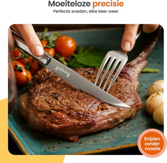 Goliving Steakmesser - Fleischmesser - Spülmaschinenfest - 6-teiliges Steakmesser-Set - Edelstahl - Messerset - Gezacktes Messer - Silber