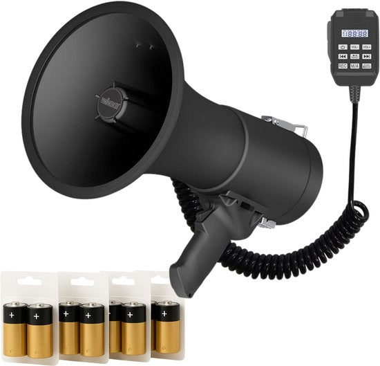Velleman Megaphon-Set 50W mit Sirene, inkl. Batterien, 700s Aufnahme, Lautstärkeregler, Bluetooth, USB, Handmikrofon, 1200m Reichweite, 120dB, tragbares ABS-Design, mattschwarz