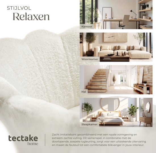 tectake® Sessel Stella - Sessel mit Armlehne - Bequemer Esszimmerstuhl - Küchenstuhl - Dick gepolstert - Für Wohnzimmer und Esszimmer - Mit Kunstfellbezug - creme/schwarz