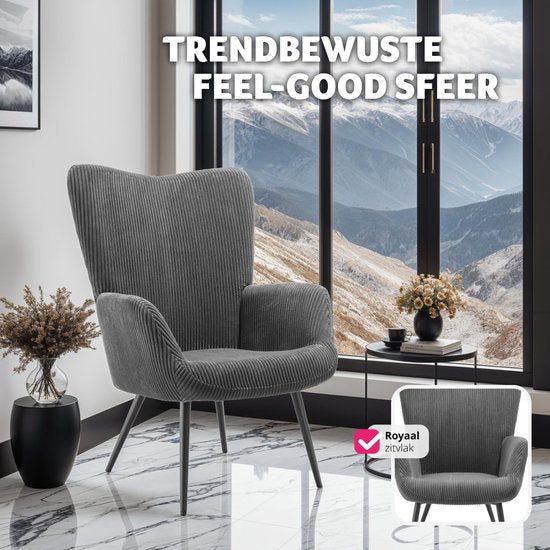 tectake Ohrensessel im skandinavischen Stil - Cord Hygge - Sessel für Wohnzimmer, Schlafzimmer - Loungesessel - Schwarze Metallbeine - Belastbarkeit bis 150 kg - Grau