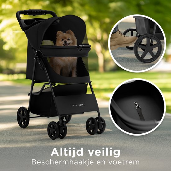 TrevoPet® Zusammenklappbarer Hundekinderwagen - für kleine und mittelgroße Hunde bis zu 15 kg - Kinderwagen mit Becherhalter und großem Ablagekorb - Schwarz