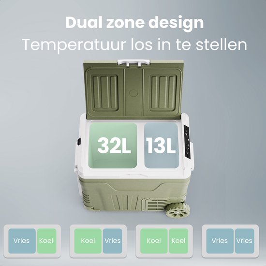 Auronic Electric Cool Box - Kompressor - 2 Zonen - 45L - 12/24V und 240V - Kühlen und Gefrieren - Campingkühlschrank - Frigobox Auto - Mit Rädern und Griff - Grün