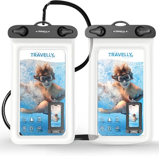 Travelly® Wasserdichte Handytasche 2er Set - Universelle Unterwassertasche für Smartphone - Geeignet für alle Handys - Drybag - Für Urlaub, Schwimmen & Wassersport - Transparent/Weiß