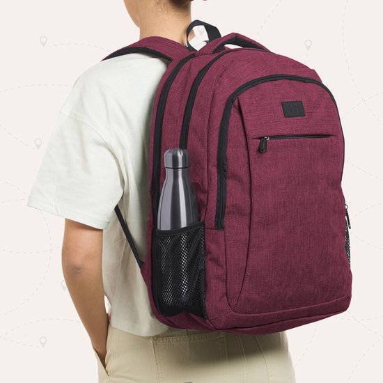 TRVLMORE Rucksack - Rucksack mit 17.3 Zoll Laptopfach - Schultasche - Spritzwassergeschützt - Männer und Frauen - Jungen und Mädchen - 36L - Burgunderrot