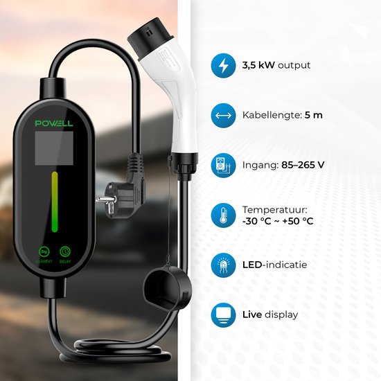 Powell Ladekabel Typ 2 - Mobile Home Charger Typ 2 - 3.5kW - IP67 Wasserdicht - 5 Meter Kabel - Inklusive Aufbewahrungstasche - Wasserdicht - Schwarz/Weiß