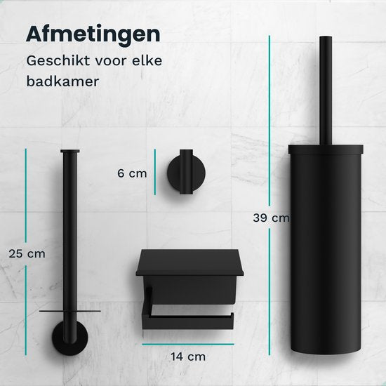 Mirlux Bad-Accessoires Set - Toilettenbürste mit Halter - Toilettenpapierhalter - Toilettenpapierhalter ohne Bohren - Handtuchhaken Selbstklebend - Ersatzpapierhalter - Toilettenbürstenhalter - Schwarz