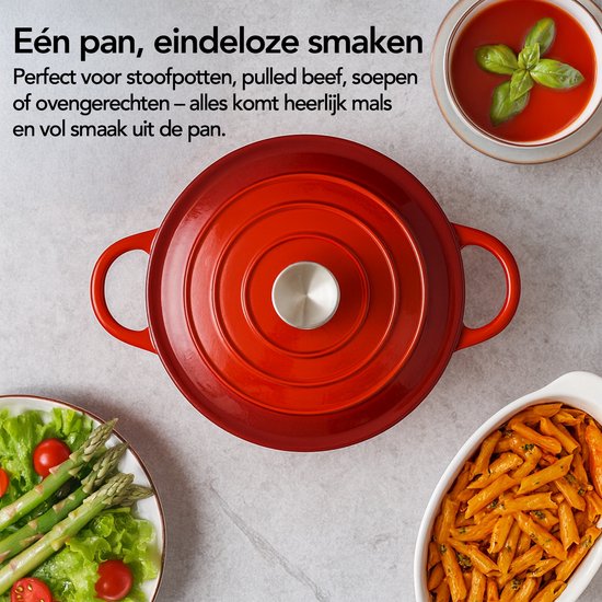 Aviro Gusseisen-Kasserolle - Ø26CM - 5L - Alle Wärmequellen inkl. Induktion - Eintopf - PFAS-frei - Mit Deckel - Rot