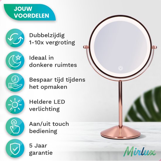 Mirlux Make-up-Spiegel mit LED-Beleuchtung - 10-fache Vergrößerung - Rasierspiegel Small On Foot - 3 Lichtstufen - wiederaufladbar - Vergrößerungsspiegel Pink Gold