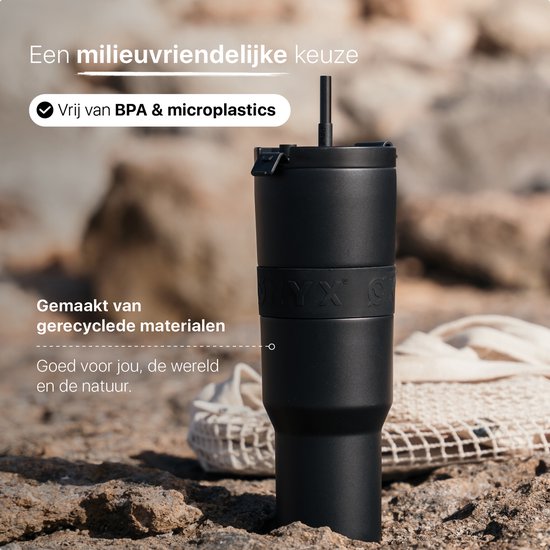 ONYX Trinkflasche mit Strohhalm 1 Liter - Trinkflasche für Kinder & Erwachsene - Thermosbecher Edelstahl Reisebecher - Motivationstrinker - Trinkbecher für die Schule - Onyx Schwarz