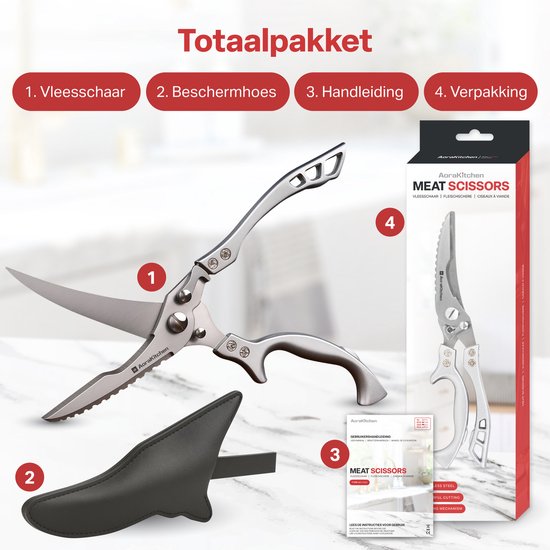AoraKitchen Fleischschere - Küchenschere aus Edelstahl - für Fleisch, Fisch, Huhn & Knochen - Kräuterschere - spülmaschinenfest - inkl. Deckel