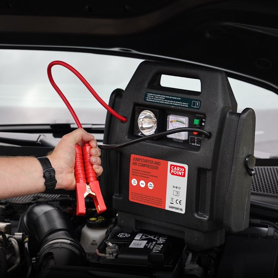 Carpoint Jumpstarter - 12 Volt - Mit Luftkompressor - Spitzenleistung 400A - Aufladen mit 230 Volt oder 12 Volt Adapter - Maximaler Kompressordruck 18 BAR/260 PSI - Eingebaute LED Beleuchtung - Abmessungen 365x345x175mm