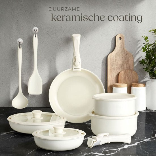 tectake® 16-teiliges modernes Pfannenset - 3 Bratpfannen - 2 Kochpfannen - Induktionsgeeignet - Inklusive Deckel, abnehmbare Griffe und Schutzkappen - Pfannen aus Aluminium mit keramischer Antihaftbeschichtung - Backofenfest bis 175° - Weiß