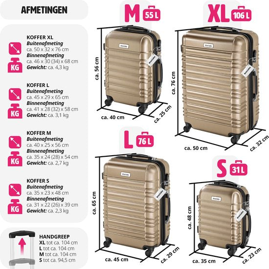 tectake - 4-teiliges Hartschalenkofferset - Reisekofferset mit Rollen - ABS - Teleskopgriff und Schloss - Inklusive Gepäckwaage - Trolleygrößen S-M-L-XL - Champagner