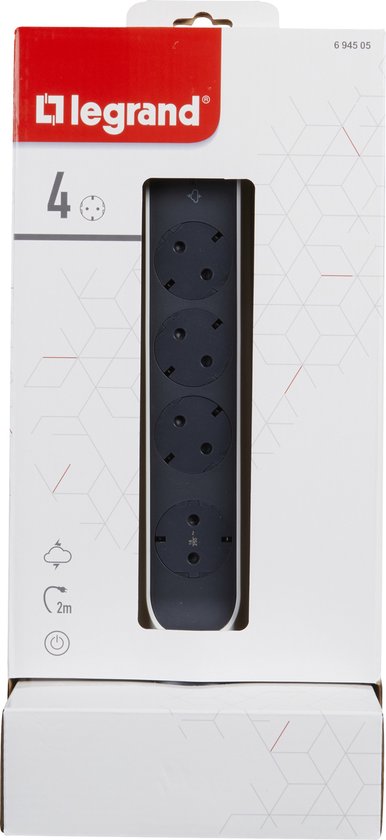Legrand Bodensteckdose – Steckdosenleiste – Mehrfachsteckdose 4×2P – Schutzkontaktstecker (Niederlande) – Verlängerungskabel 2 Meter – Schwarz & Weiß