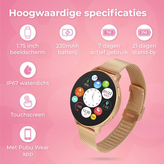 Nuvance Smartwatch Damen - Inkl. Edelstahl & Silikonband - Misst Sport & Schlaf & Körper - Pink Gold