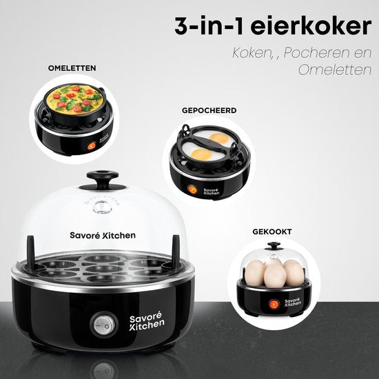 Savoré Kitchen 3-in-1 Eierkocher 7 Eier - Elektrisch - Eierkocher mit Zeitschaltuhr - Schwarz