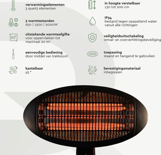BRASQ Electric Terrace Heater Floor Standing PHS100 - Heizung 2000W - 3 Wärmestufen - Einstellbar - Spritzwassergeschützt - Für den Innen- und Außenbereich - Schwarz